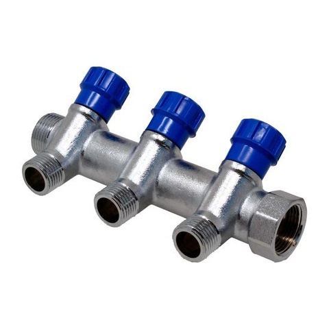 Brass Manifold M/F Nickel Outlets With Valves Blue Handles