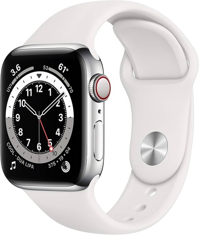 APPLE WATCH SERIES 6 GPS + CELLULAR, 40MM SILVER STAINLESS STEEL CASE WITH WHITE SPORT BAND - REGULAR